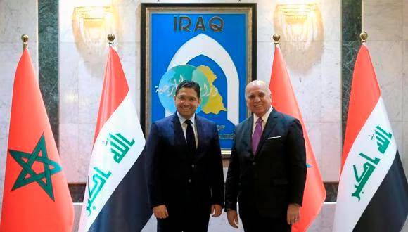 Los ministros de relaciones exteriores de Irak -Fuad Hussein- y de Marruecos Nasser Bourita en el evento de reapertura de la embajada. Foto: Efe.