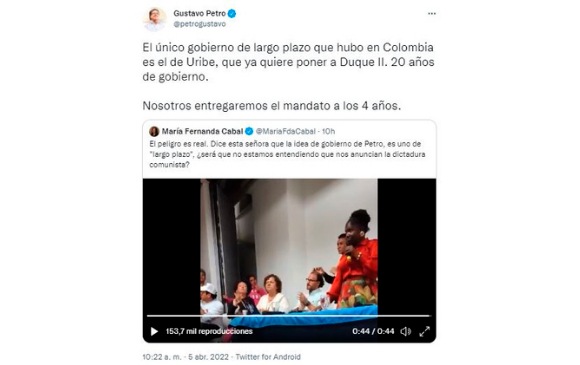 “Entregaremos el mandato a los 4 años”: Petro se defiende tras acusación de su futura “dictadura comunista”