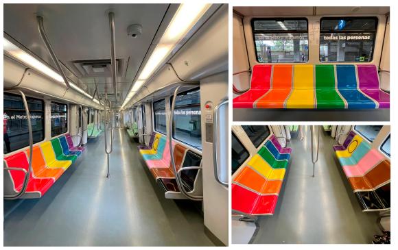 Doce sillas de uno de los vagones del metro de Medellín fueron pintadas con los colores representativos de la población Lgbtiq. FOTOS Cortesía Metro de Medellín