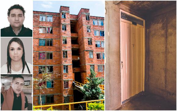 Dueños de Celeste Inversiones SAS: de arriba a abajo, Andrés Felipe González, Gloria Durley Cadavid y Víctor Hernán Velásquez. En medio, Edificio Altos de Calasanz y el detalle es la entrada al apartamento del piso 5 donde supuestamente queda la firma. Fotos Julio César Herrera y Facebook