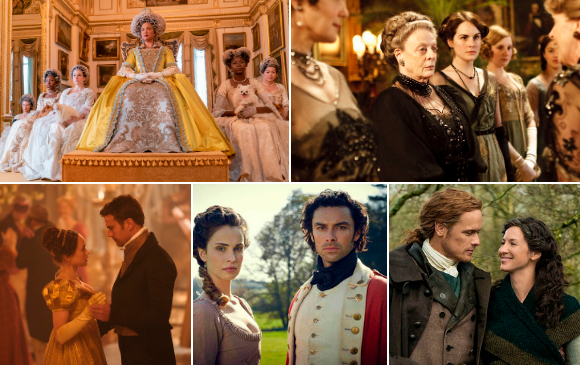Bridgerton, Downton Abbey, Sanditon, Poldark y Outlander son algunas de las propuestas que se pueden ver hoy en televisión. FOTOS Cortesía Netflix, Sony Pictures TV y Film & Arts. 