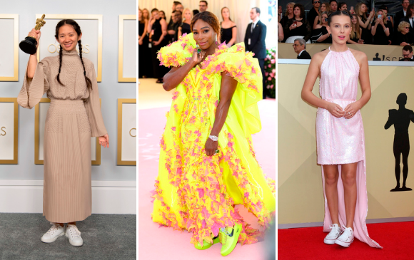 Chloé Zhao en los Óscar, Serena Williams en la Met Gala y Millie Bobby Brown en los SAG Awards usando tenis con traje de gala. FOTOS Getty y Sstock.