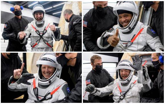 Arriba: los astronautas Michael Hopkins y Victor Glover (derecha). Abajo: la astronauta Shannon Walker (izquierda) y el japonés Soichi Noguch. FOTOS: EFE