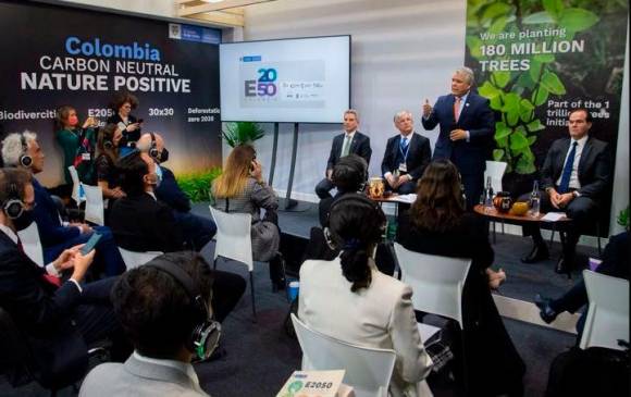 El presidente Iván Duque durante la presentación de la estrategia climática a largo plazo de Colombia en la COP26. FOTO Cortesía