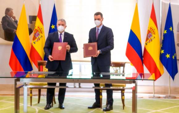 Iván Duque, presidente de Colombia, y Pablo Sánchez, jefe del Gobierno de España. Foto Presidencia