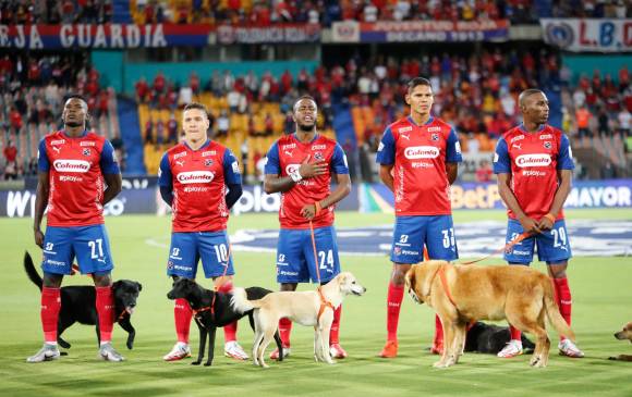 Los jugadores posaron en compañía de los perros, antes del pitazo inicial del partido contra Envigado valido por la jornada 13 de la Liga BetPlay II. Foto Donaldo Zuluaga