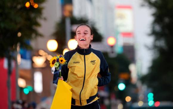 La colombiana pudo arribar tranquila a la meta, a 25 segundos de la ganadora del oro. El bronce fue para la china Hong Liu. Foto: AFP