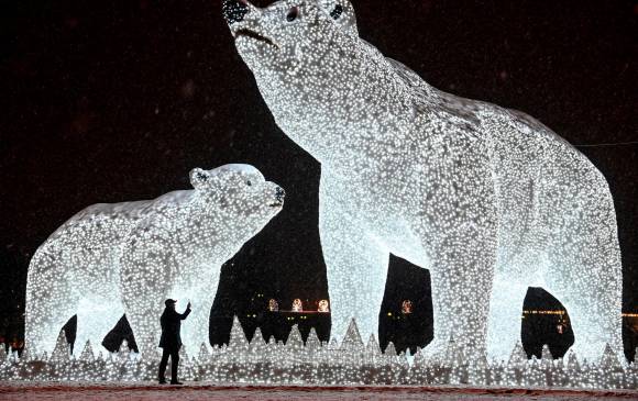 En Moscú un hombre toma una foto de esculturas de osos polares hechas con luz, instaladas para las vacaciones de Año Nuevo y Navidad. FOTO AFP