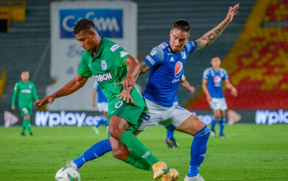 Danovis Banguero y Cristian Arango, protagonistas del clásico de anoche en El Campín de Bogotá. FOTO cortesía Dimayor