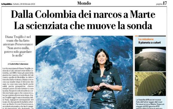 Este es el titular que el periódico italiano usó para un artículo sobre la ingeniera colombiana Diana Trujillo. FOTO TOMADA DE TWITTER @repubblica