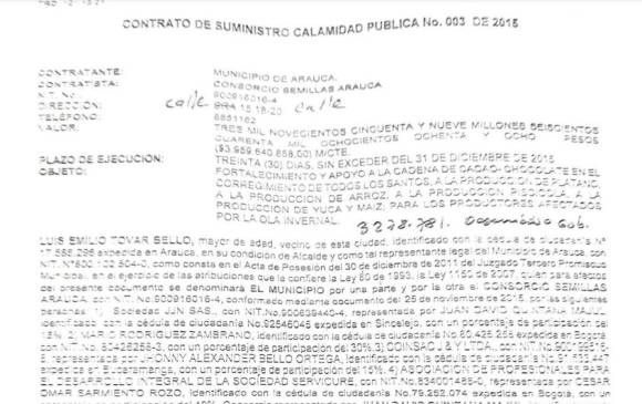 Alias “Gordo Jhonny” aparece en un contrato de la Alcaldía de Arauca.