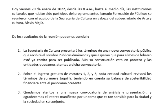 El comunicado lo firman los directores de las ocho instituciones.