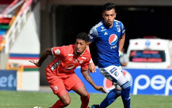 Cristian Arrieta (América) y Fernando Uribe (Millos), duelo que se repetirá esta tarde-noche en Ibagué. FOTO Cortesía Dimayor