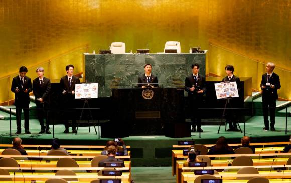 El grupo BTS en la 76 Asamblea General de la ONU. FOTO EFE