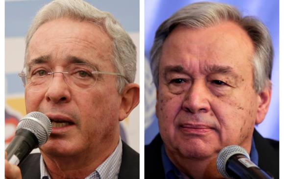 El expresidente Álvaro Uribe (izq.) remitirá una carta sobre el Acuerdo de Paz al secretario de la ONU, António Guterres (der.). FOTO: Colprensa.