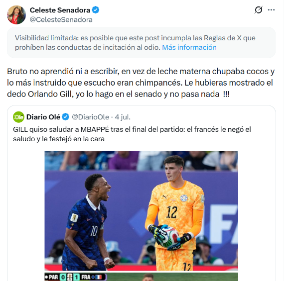 Críticas de la senadora <b>Celeste Amarilla a Mbappé </b>. Foto: <b>@CelesteSenadora</b>