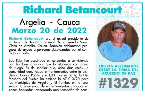 Richard Betancourt era un líder social y campesino de Argelia, Cauca. FOTO: CORTESÍA INDEPAZ.