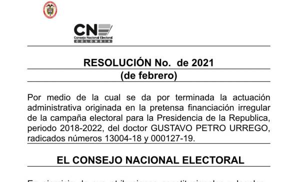 $!Esta es la imagen de la primera página de la resolución del Consejo Nacional Electoral, sobre el caso de Gustavo Petro.