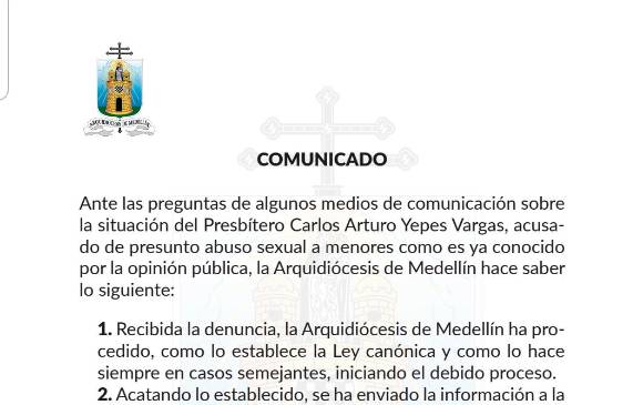 Este es el comunicado oficial sobre el caso del padre Carlos Yepes.
