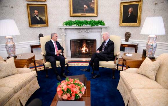 El presidente de Colombia, Iván Duque, y su homólogo de Estados Unidos, Joe Biden, se reunieron por primera vez en la Casa Blanca. Esta fue la segunda visita de estado de Duque a ese país, donde ya se había encontrado con Donald Trump, en 2019. FOTO Getty