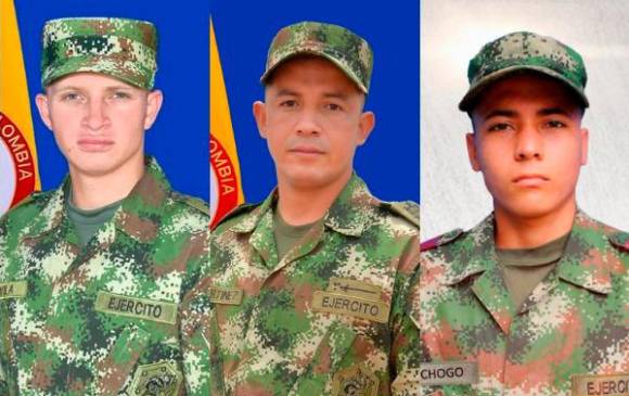 Los soldados secuestrados en Norte de Santander Dayán Leonardo Dávila, Jeison Martínez Tapias y Huver Fabián Chogo. Fotos: Cortesía.