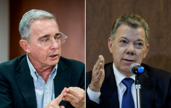 Los expresidentes Álvaro Uribe Vélez y Juan Manuel Santos. FOTO ARCHIVO