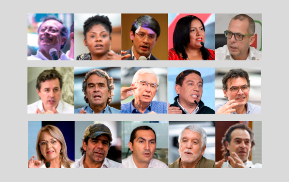 Los 15 precandidatos que integran las tres coaliciones presidenciales. FOTO COLPRENSA Y ARCHIVO