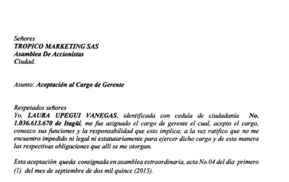 Carta de aceptación de Laura Upegui como representante de Trópico Marketing.