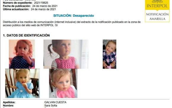 La niña de 23 meses de edad fue reportada como desaparecida el 28 de enero. FOTO: INTERPOL.