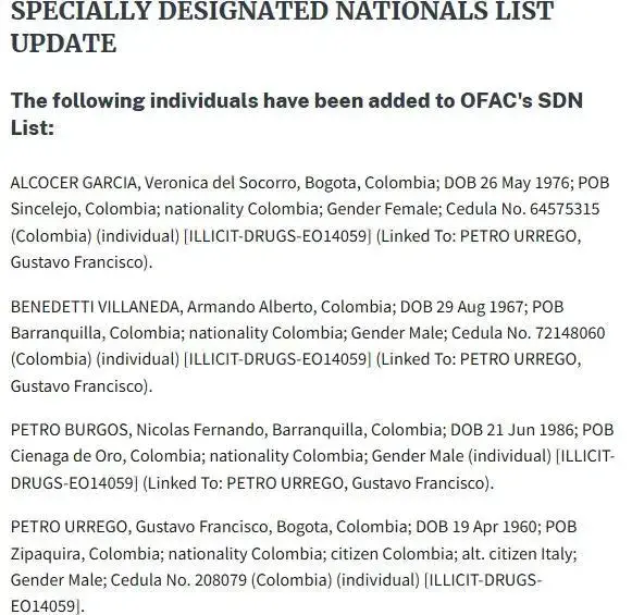 Esta es la lista de las personas sancionadas por el Departamento del Tesoro, publicada en su sitio web oficial. FOTO: CORTESÍA DEPARTAMENTO DEL TESORO.