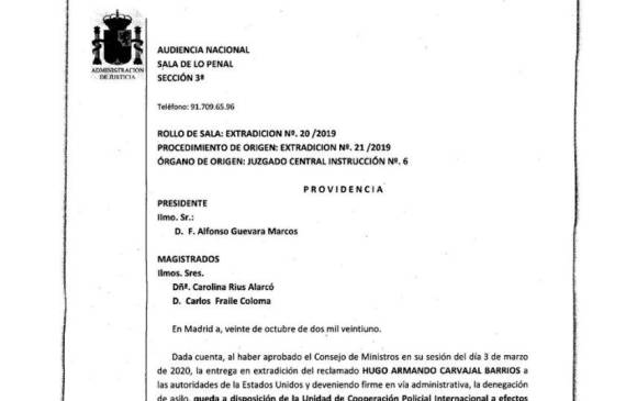 Este es el documento con el que la Providencia española avala la extradición a EE. UU. de Hugo ‘el Pollo’ Carvajal.