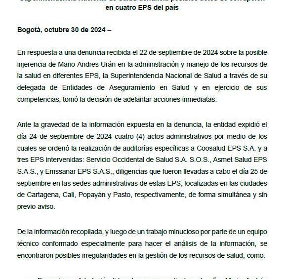 Salida de Leal de Supersalud “sí tuvo que ver con denuncia a cuatro EPS”