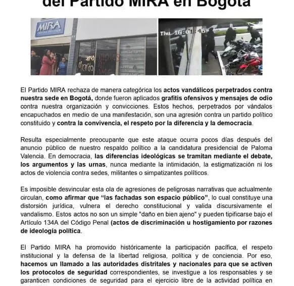 El comunicado fue difundido a través de las redes sociales oficiales del partido. FOTO: Partido MIRA.