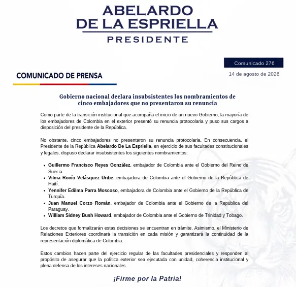 Ellos son los cinco embajadores que no renunciaron y fueron declarados insubsistentes por el Gobierno