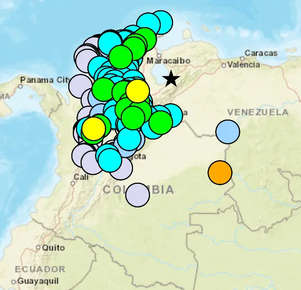 Estos son los lugares de Colombia en donde se percibió la intensidad en el temblor de magnitud 6.1 este 24 de septiembre de 2025. El punto naranja fue en donde más fuerte se sintió.