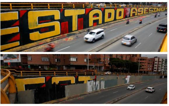 Aspecto del deprimido de la carrera 80 con San Juan, antes y después de la censura al mural. FOTOS Juan Antonio Sánchez y Edwin Bustamante