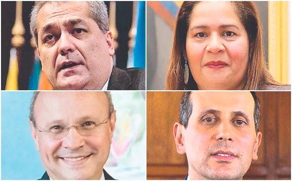 De carrera en países top están: Arriba (de izquierda a derecha) - Juan José Quintana, embajador en Uruguay; Yadir Salazar Mejía, embajadora en Alemania. Abajo (de izquierda a derecha) - Mauricio Baquero Pardo, embajador en Panamá y Francisco Echeverri, embajador en Suiza.