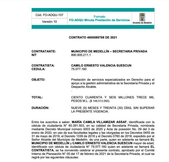 Este es el contrato de la Alcaldía, a través de la Secretaría Privada, con Camilo Valencia.