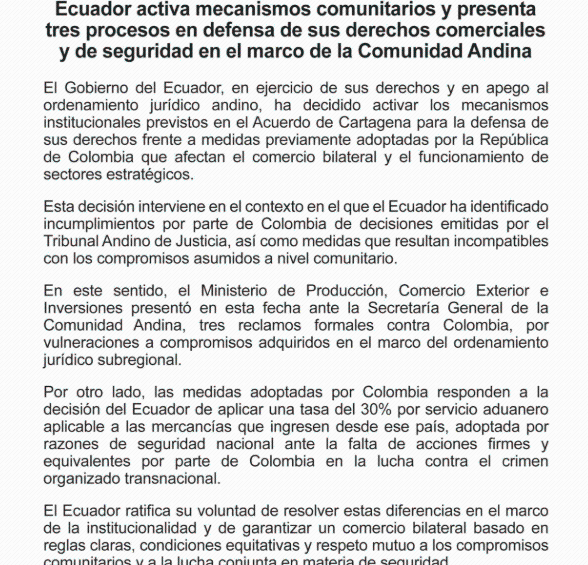 Comunicado oficial de Ecuador.
