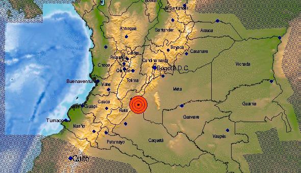 Barayá, en Huila, fue el epicentro del temblor de esta tarde del sábado. FOTO: Servicio Geológico Colombiano