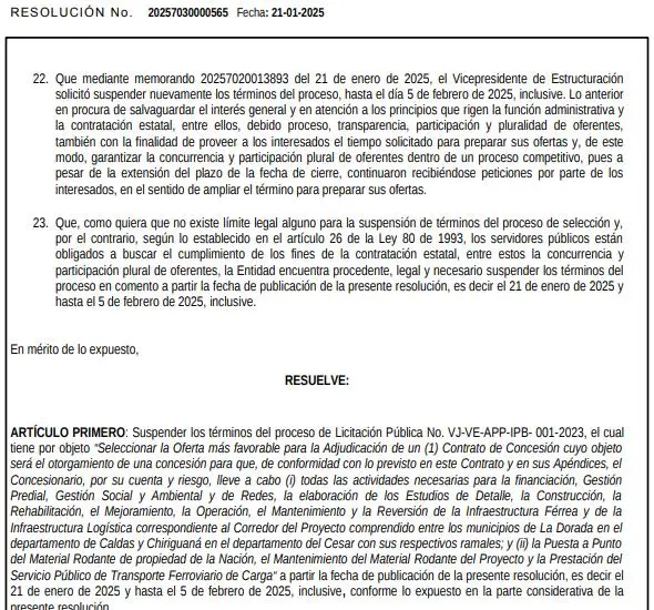 La ANI emitió una resolución que suspende nuevamente la licitación del tren La Dorada - Chiriguaná. Fuente: ANI.