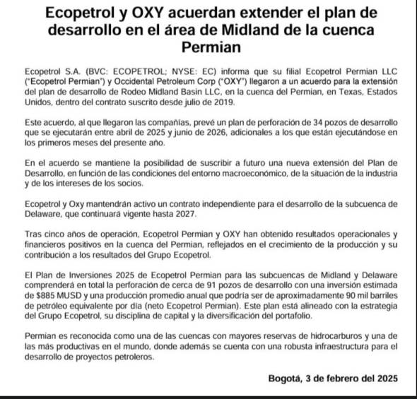 Comunicado de Ecopetrol sobre la cuenca del Permian.