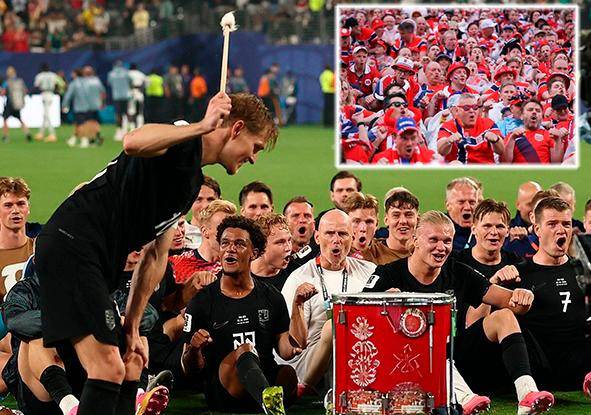 Los hinchas de la Selección Noruega han expandido su “mancha vikinga” por los estadios y calles de Estados Unidos. Los futbolistas se unieron al festejo después del partido contra Senegal del lunes. Fotos: Getty