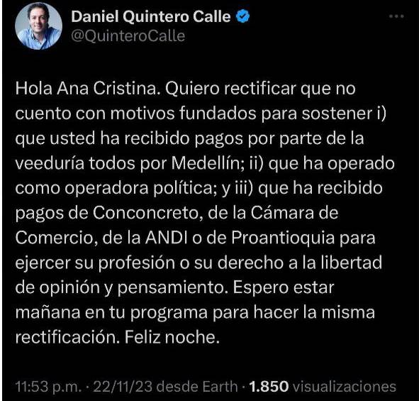 Juez ordenó a Daniel Quintero rectificar los señalamientos que hizo contra la periodista Ana Cristina Restrepo
