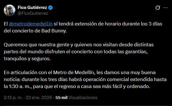 La confirmación del alcalde de Medellín, Federico Gutiérrez, en su cuenta de X. FOTO: Tomada de X Federico Gutiérrez