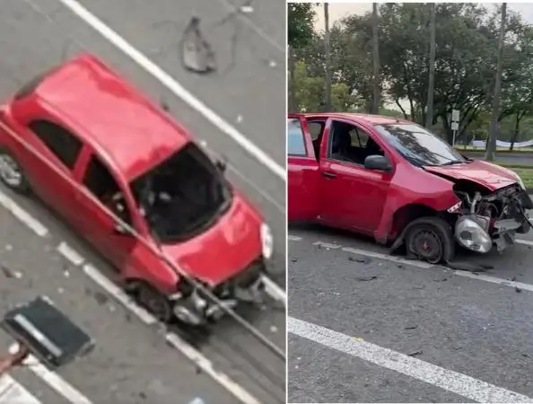 El carro fue impactado por una papa bomba cuando transitaba por la calle 13 con carrera 100. FOTO: X: @robertoortizu / @AntonioMinotta