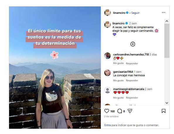Imagen de una de las concejales de Rionegro durante su estancia en el país asiático. FOTO: imagen tomada de redes.