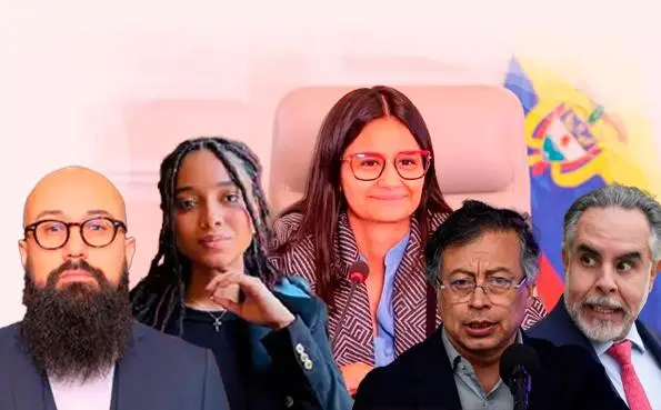 Angie Rodríguez junto al presidente Petro en la Plaza de Bolívar de Bogotá el 1 de mayo de 2025 con la bandera de Guerra a Muerte.<span class="mln_uppercase_mln"> FOTO</span> <b><span class="mln_uppercase_mln">Presidencia</span></b>