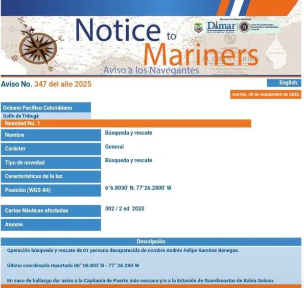 Aviso a navegantes de la Dimar sobre la operación de búsqueda de Andrés Felipe Ramírez Benegas en el Golfo de Tribugá, Pacífico colombiano.