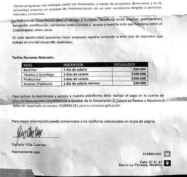 Copia del documento que Rodríguez aseguró que les entregaron en la reunión. FOTO Cortesía